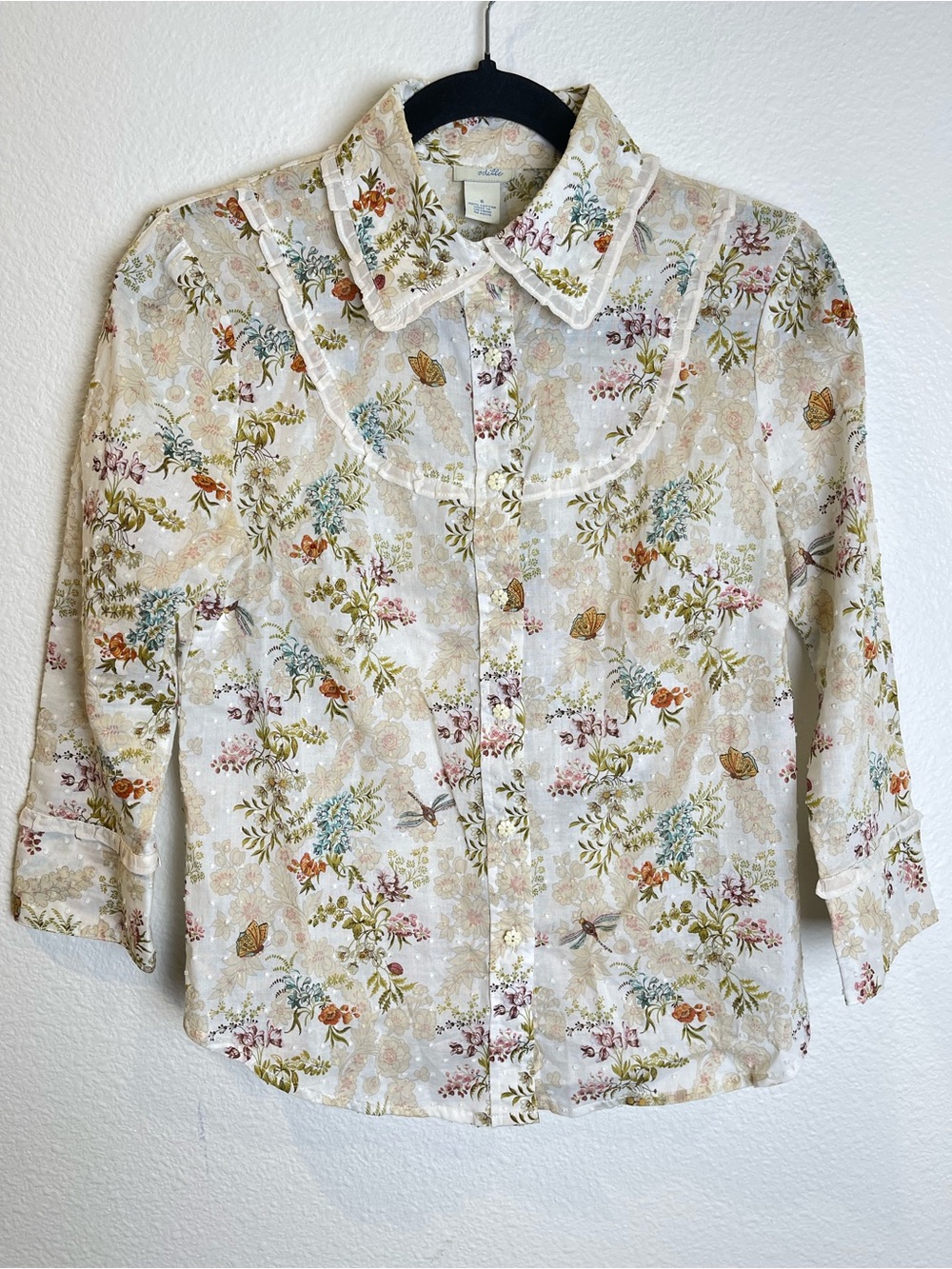 Anthropologie Odille Blouse Butterfly Floral Swiss Dot Button Up Shirt Size 6